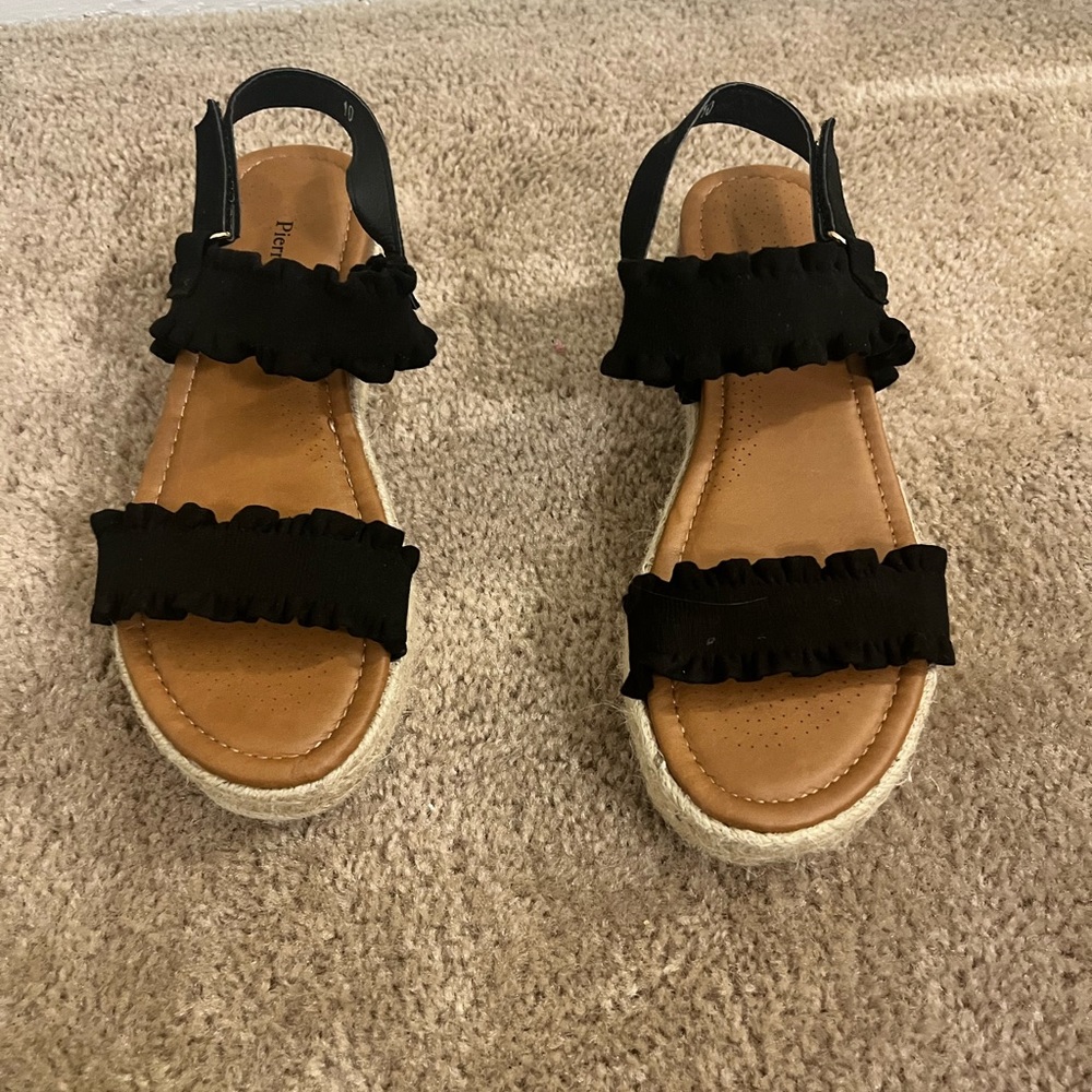 Black platform sandals, size 10